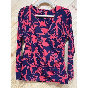 Soft Surroundings Women's Pink & Blue Abstract Print V-Neck Long-Sleeve Top Size